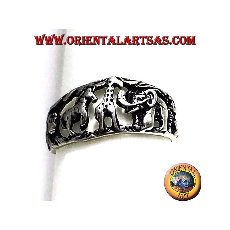 Bague en argent, les animaux de la savane africaine