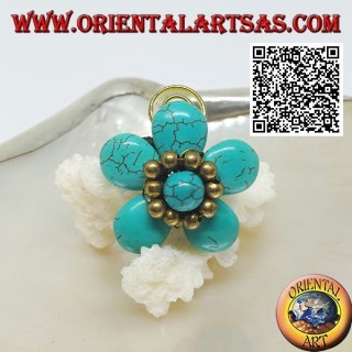 Bague fleur ajustable en pâte de turquoise avec boules et spirale en laiton plaqué or (macramé)
