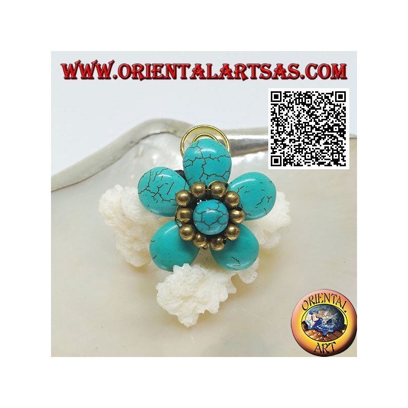 Adjustable turquoise paste flower ring with balls and spiral in gold plated brass (macramé)