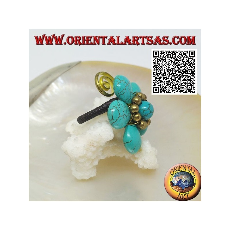 Adjustable turquoise paste flower ring with balls and spiral in gold plated brass (macramé)