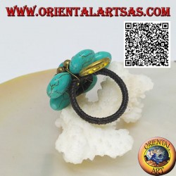 Anillo flor de pasta turquesa ajustable con bolas y espiral en latón bañado en oro (macramé)