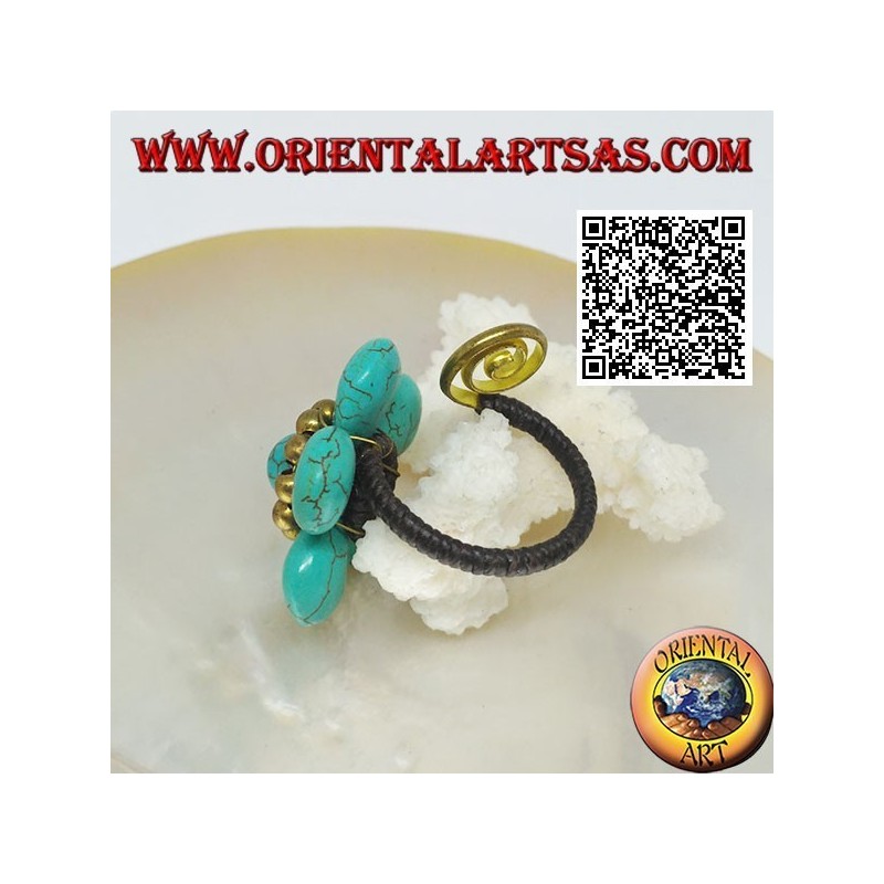 Anillo flor de pasta turquesa ajustable con bolas y espiral en latón bañado en oro (macramé)