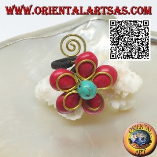 Anello regolabile a fiore in pasta di corallo e centro turchese con fiore e spirale in ottone dorato rivestito (macramè)