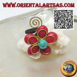 Verstellbarer Blumenring aus Korallenpaste und türkisfarbener Mitte mit Blume und Spirale aus vergoldetem Messing (Makramee)