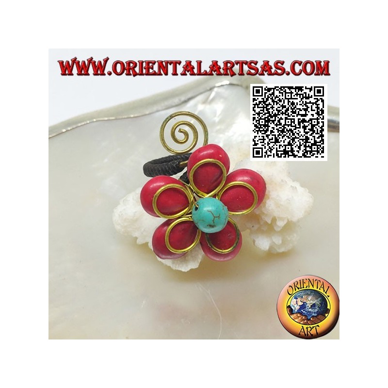 Anello regolabile a fiore in pasta di corallo e centro turchese con fiore e spirale in ottone dorato rivestito (macramè)