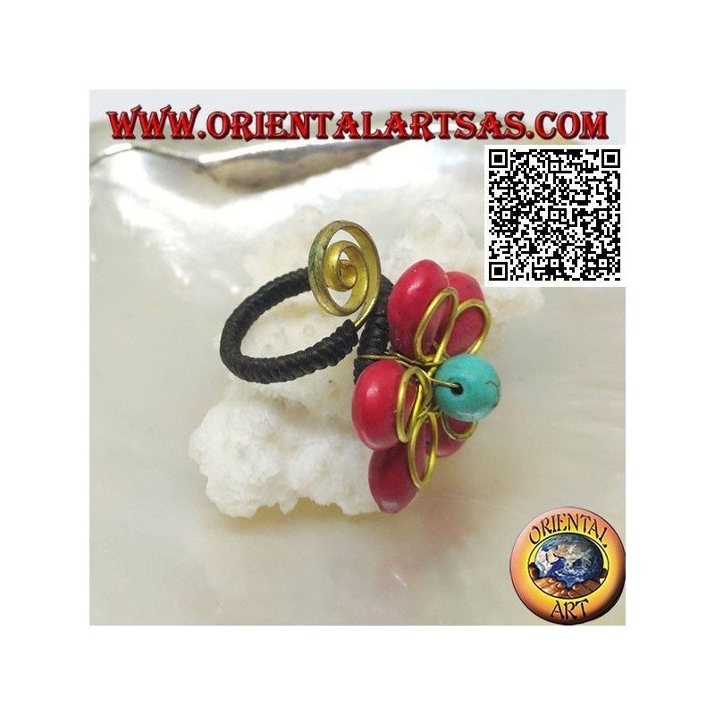 Verstellbarer Blumenring aus Korallenpaste und türkisfarbener Mitte mit Blume und Spirale aus vergoldetem Messing (Makramee)