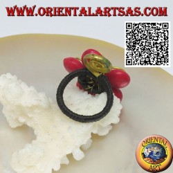Anillo flor ajustable en pasta coral y centro turquesa con flor y espiral en latón bañado en oro (macramé)