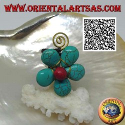 Adjustable flower-shaped ring in turquoise paste and coral center with spiral in gold-plated brass (macramé)