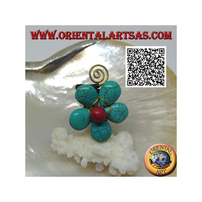 Anello regolabile a fiore in pasta di turchese e centro corallo con spirale in ottone dorato rivestito (macramè)