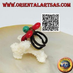 Bague fleur ajustable en pâte de corail et centre turquoise en laiton doré (macramé)