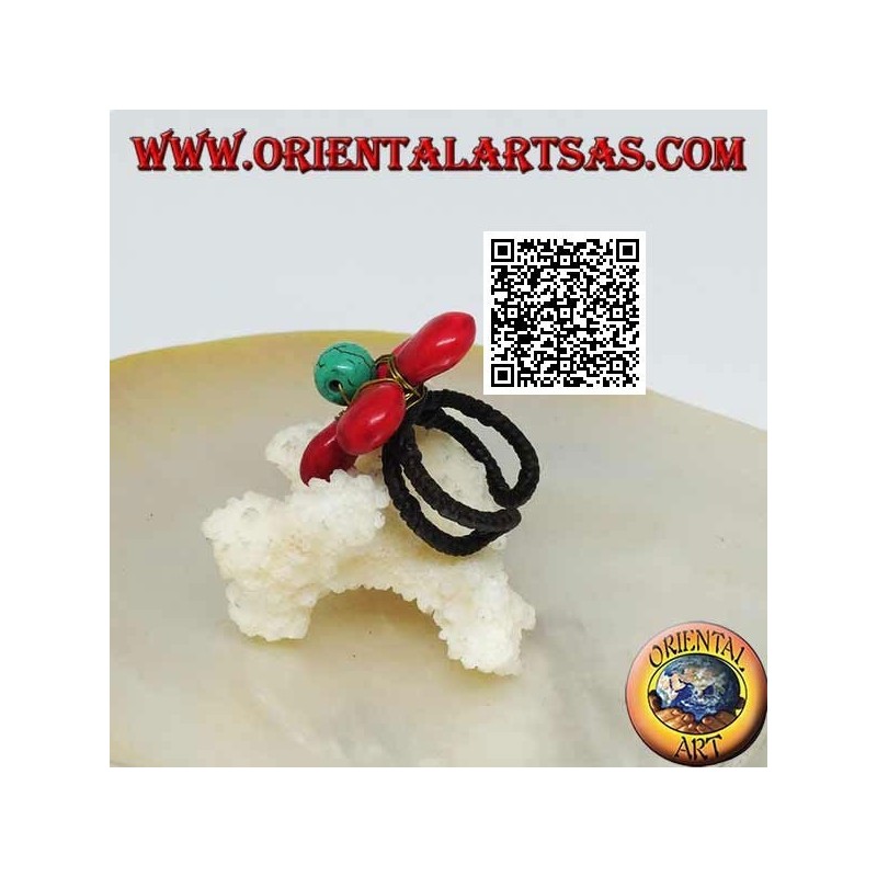 Anello regolabile a fiore in pasta di corallo e centro turchese in ottone dorato rivestito (macramè)