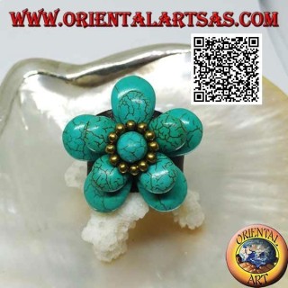 Anello regolabile in cuoio a doppio fiore sovrapposto in pasta di turchese e palline in ottone dorato 