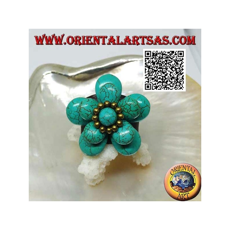 Aro regulable en cuero doble flor superpuesto en pasta turquesa y bolas de latón dorado