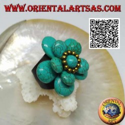 Bague ajustable en cuir double fleur superposée en pâte turquoise et boules en laiton doré