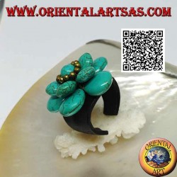 Aro regulable en cuero doble flor superpuesto en pasta turquesa y bolas de latón dorado