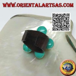 Bague ajustable en cuir double fleur superposée en pâte turquoise et boules en laiton doré