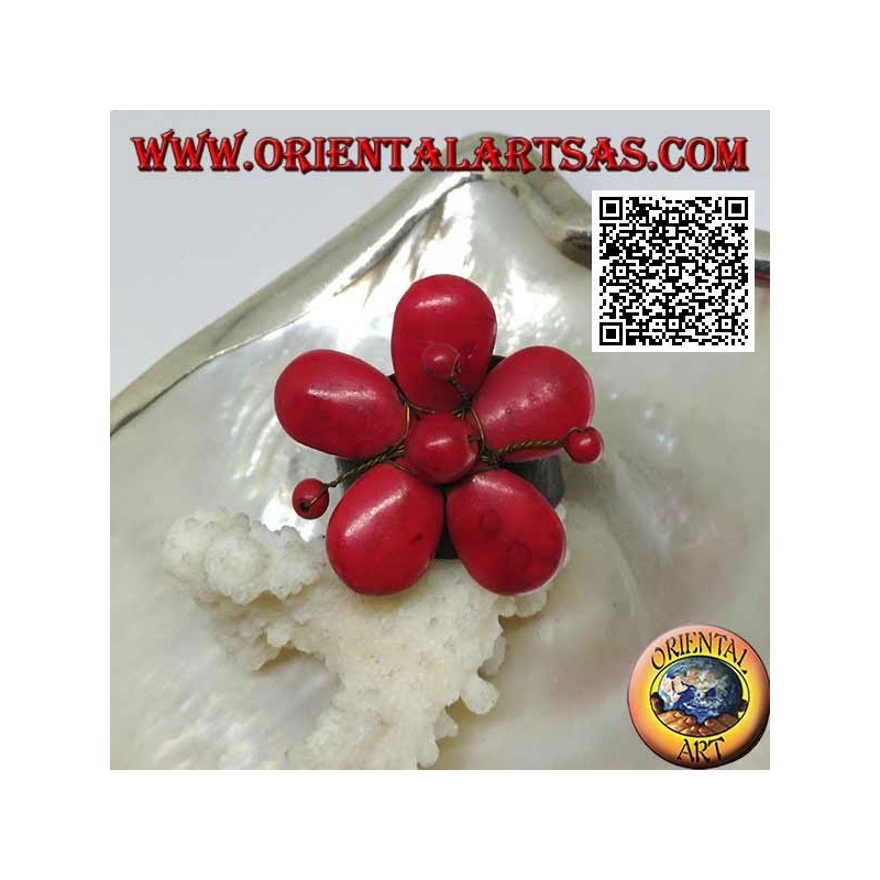 Aro ajustable en piel flor con pistilos de pasta coral e hilos de latón dorado