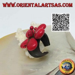 Adjustable ring in flower leather with coral paste pistils and golden brass threads