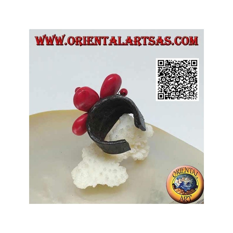Aro ajustable en piel flor con pistilos de pasta coral e hilos de latón dorado