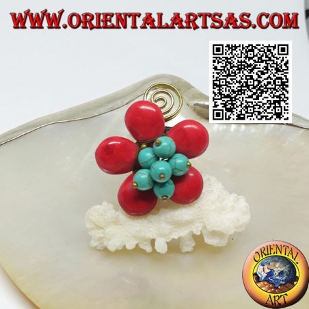 Bague fleur ajustable en pâte de corail, perles turquoises et spirale en laiton doré (macramé)
