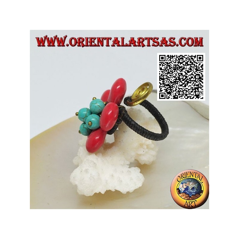 Adjustable flower ring in coral paste, turquoise beads and spiral in gold-plated brass (macramé)