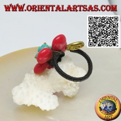 Anillo flor ajustable en pasta coral, cuentas turquesas y espiral en latón dorado revestido (macramé)