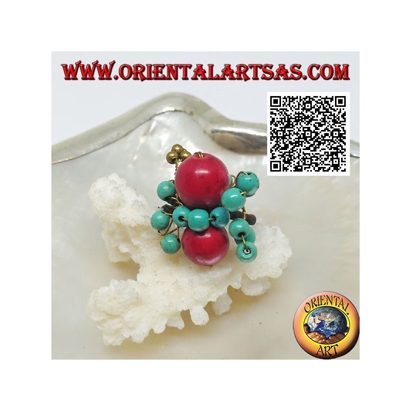 Anello regolabile con sfere di pasta di corallo e turchese su fili intrecciati in ottone dorato rivestito (macramè)