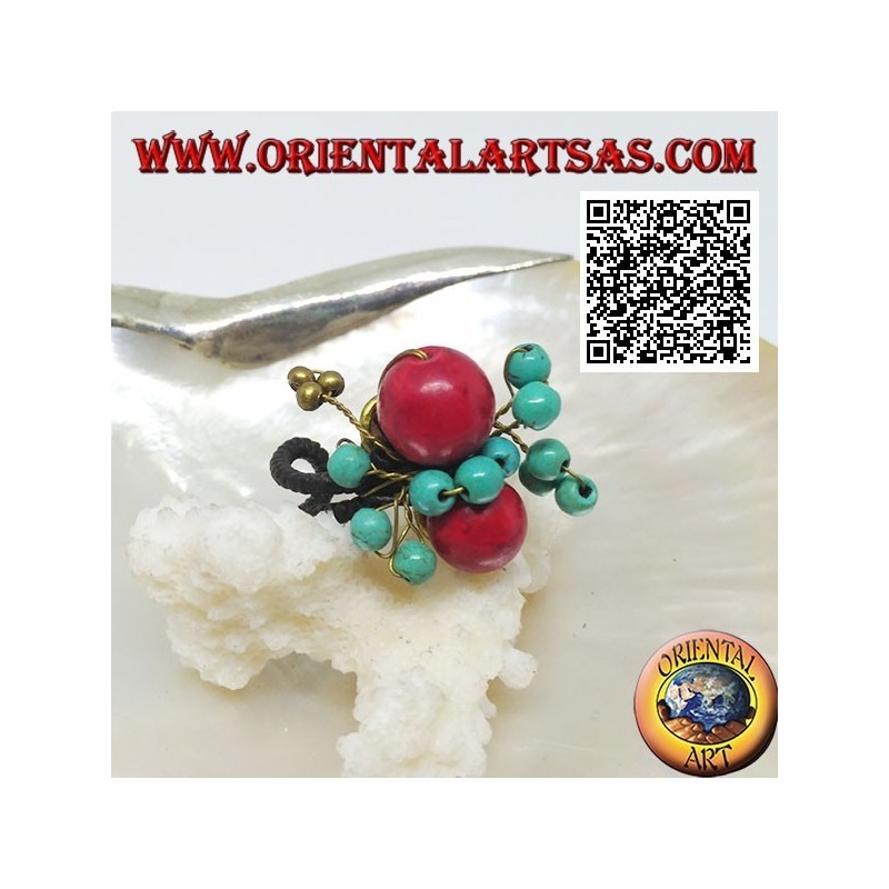 Anello regolabile con sfere di pasta di corallo e turchese su fili intrecciati in ottone dorato rivestito (macramè)