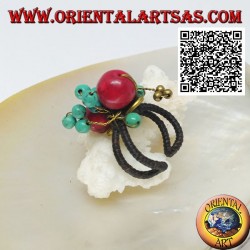 Adjustable ring with coral and turquoise paste spheres on intertwined golden coated brass wires (macramé)