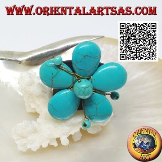 Bague ajustable en cuir fleur avec pistils en pâte turquoise et fils de laiton doré