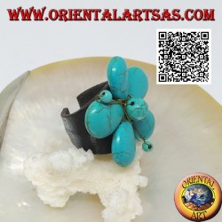 Verstellbarer Ring aus Blumenleder mit Stempeln aus türkisfarbener Paste und goldenen Messingfäden
