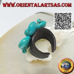 Adjustable ring in flower leather with pistils in turquoise paste and golden brass threads