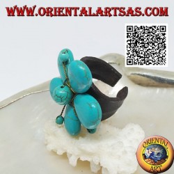 Verstellbarer Ring aus Blumenleder mit Stempeln aus türkisfarbener Paste und goldenen Messingfäden