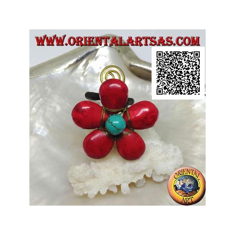 Bague ajustable en forme de fleur en pâte de corail et centre trchese avec spirale en laiton doré enduit (macramé)