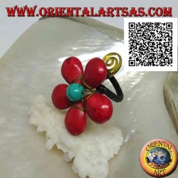 Verstellbarer Blütenring aus Korallenpaste und Trchese-Mitte mit Spirale aus vergoldetem Messing (Makramee)