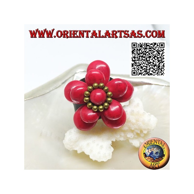 Anillo de cuero de doble flor ajustable con recubrimiento de pasta de coral y bolas de latón dorado