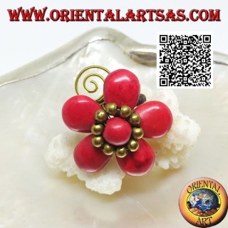Adjustable coral paste flower ring with balls and spiral in gold plated brass (macrame)
