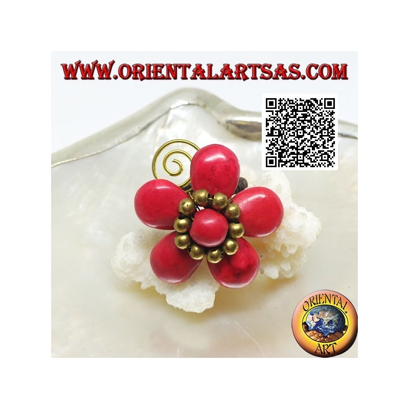 Adjustable coral paste flower ring with balls and spiral in gold plated brass (macrame)