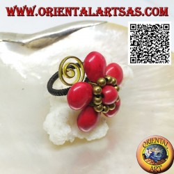 Anillo flor de pasta de coral ajustable con bolas y espiral en latón bañado en oro (macramé)