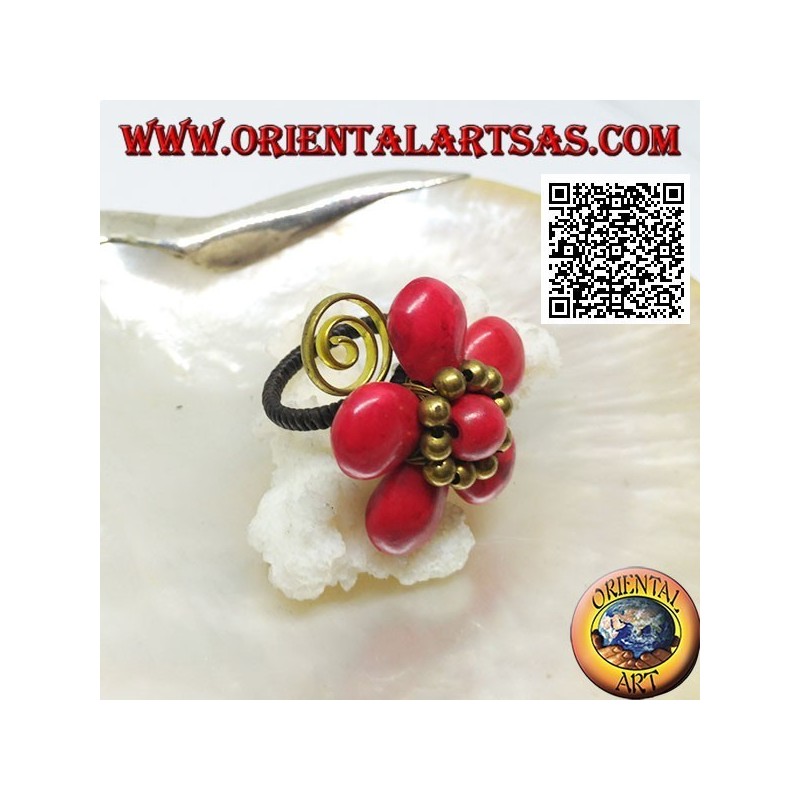 Anillo flor de pasta de coral ajustable con bolas y espiral en latón bañado en oro (macramé)