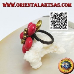 Adjustable coral paste flower ring with balls and spiral in gold plated brass (macrame)