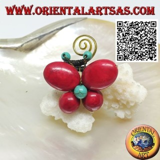 Anillo mariposa ajustable en pasta de coral y centro turquesa y espiral en latón dorado (macramé)