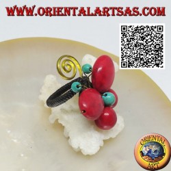 Anillo mariposa ajustable en pasta de coral y centro turquesa y espiral en latón dorado (macramé)