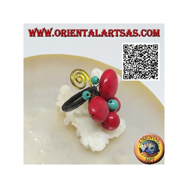Anello regolabile a farfalla di pasta di corallo e centro turchese e spirale in ottone dorato rivestito (macramè)
