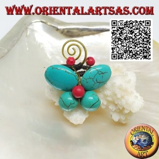 Anello regolabile a farfalla di pasta di turchese e centro corallo e spirale in ottone dorato rivestito (macramè)
