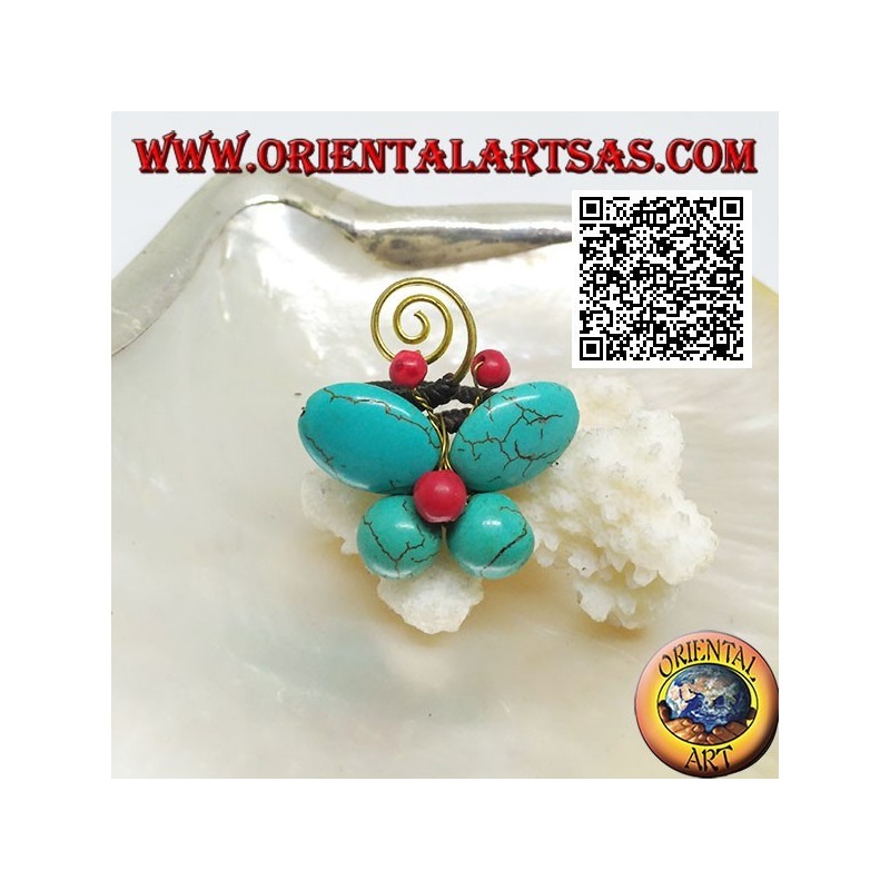 Anillo mariposa ajustable en pasta turquesa y centro coral y espiral en latón bañado en oro (macramé)