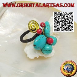 Adjustable butterfly ring in turquoise paste and coral center and spiral in gold plated brass (macramé)