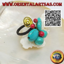 Anillo mariposa ajustable en pasta turquesa y centro coral y espiral en latón bañado en oro (macramé)