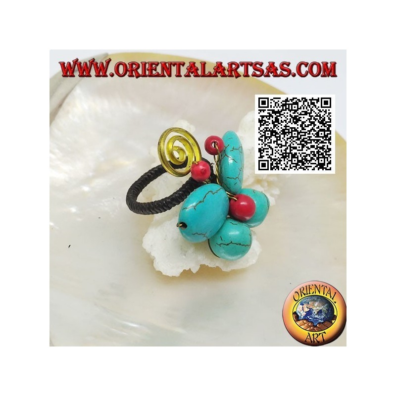 Anillo mariposa ajustable en pasta turquesa y centro coral y espiral en latón bañado en oro (macramé)