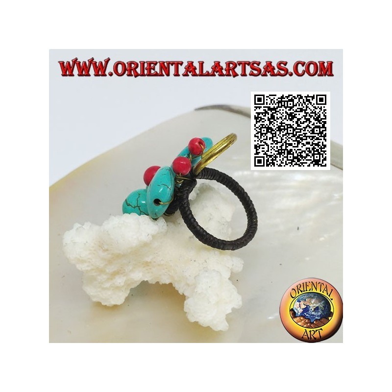 Adjustable butterfly ring in turquoise paste and coral center and spiral in gold plated brass (macramé)